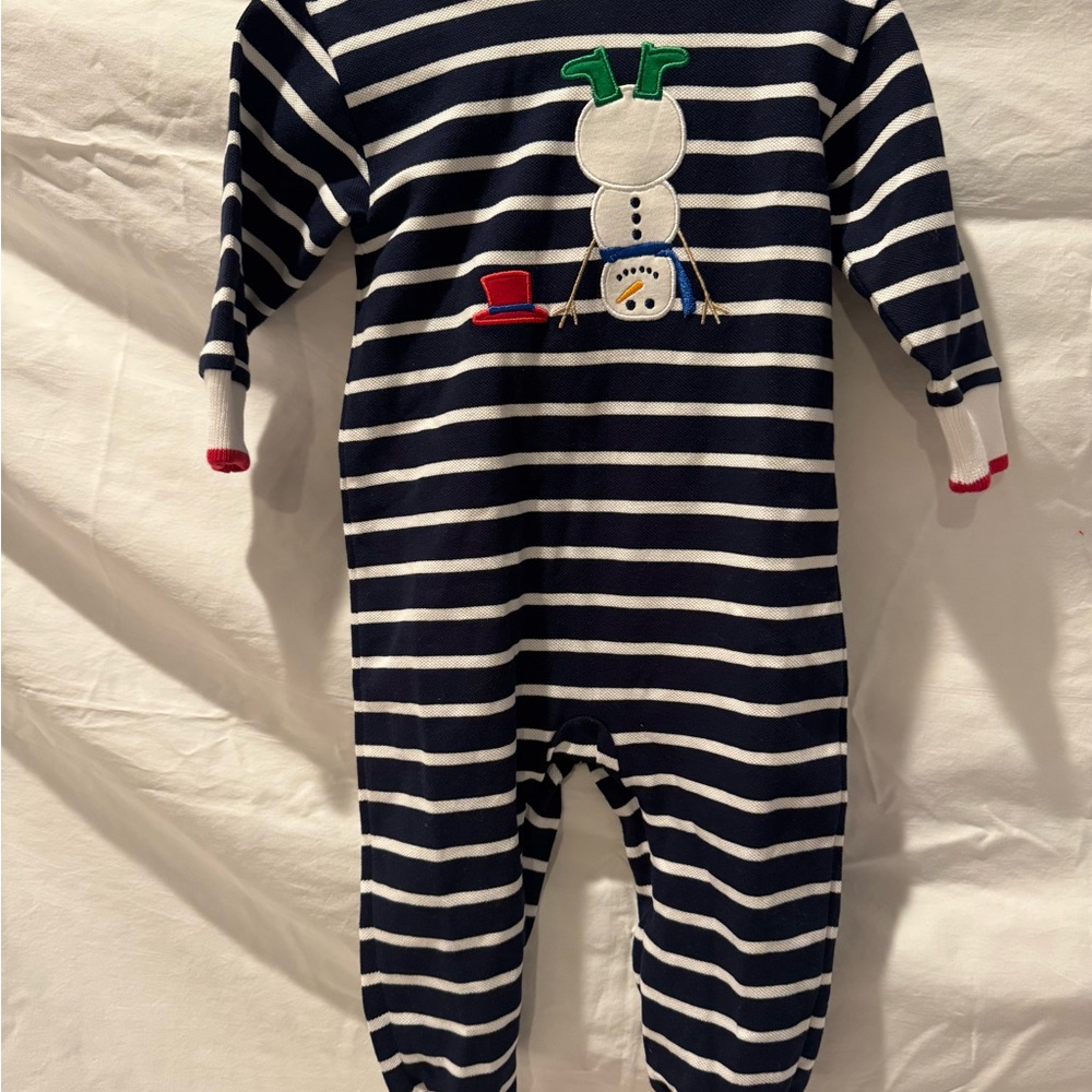 Navy Florence Eiseman Striped Knit Longall with Snowman Design